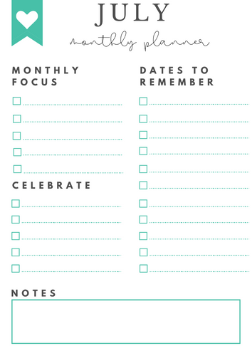July Monthly Goals + Celebration Worksheet